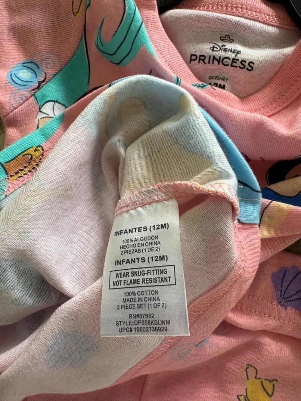 Disney Princess Character Toddler Snug Fit Two-Piece Sleep Set Size 12 Month